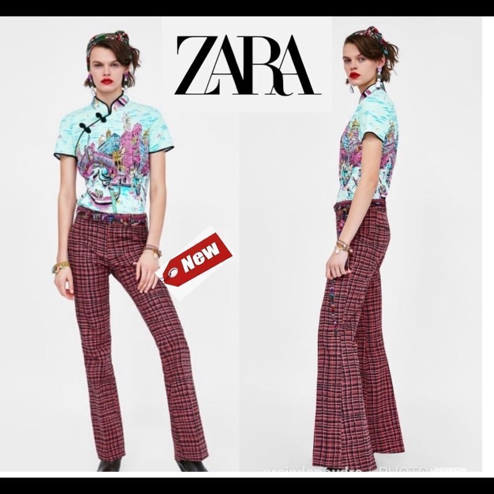 RARE ZARA studio pink checkered plaid retro bell bottom flared pants Sz S NWT